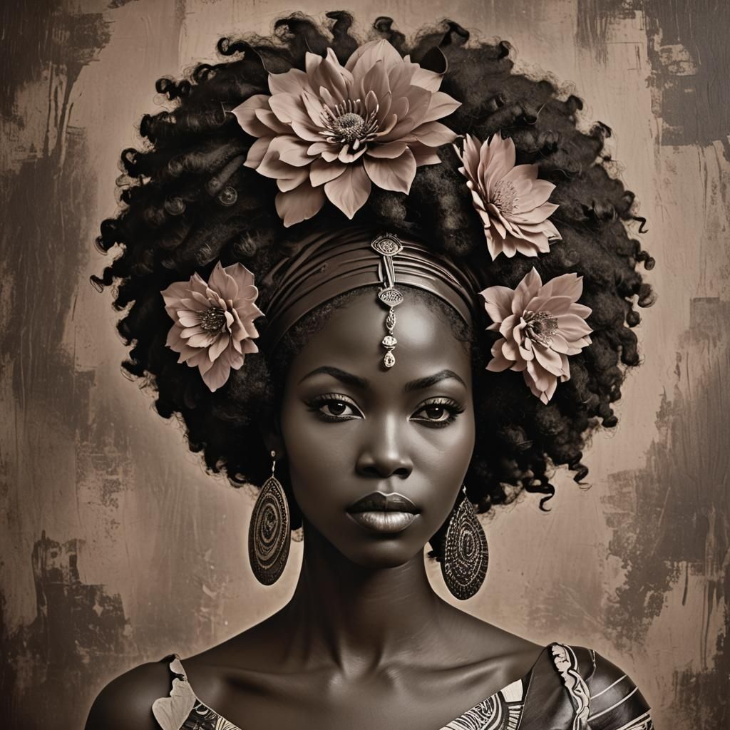 Sepia Portrait of African Goddess with Leather Afro