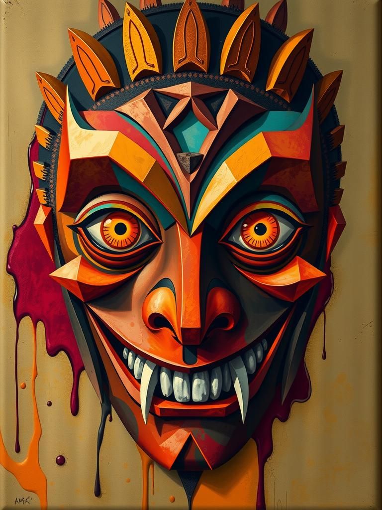 Surreal Abstract Face with Orange Eyes and Sharp Teeth