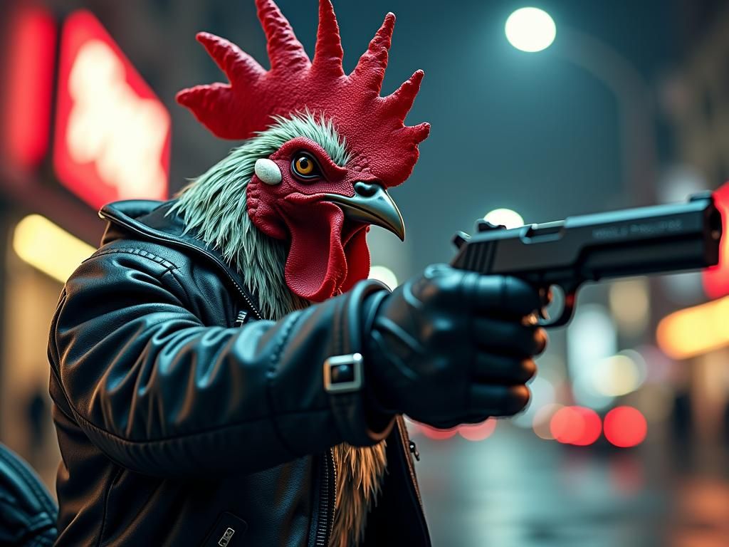 Danger Rooster Posed in Urban Nightscape, Graphic Art