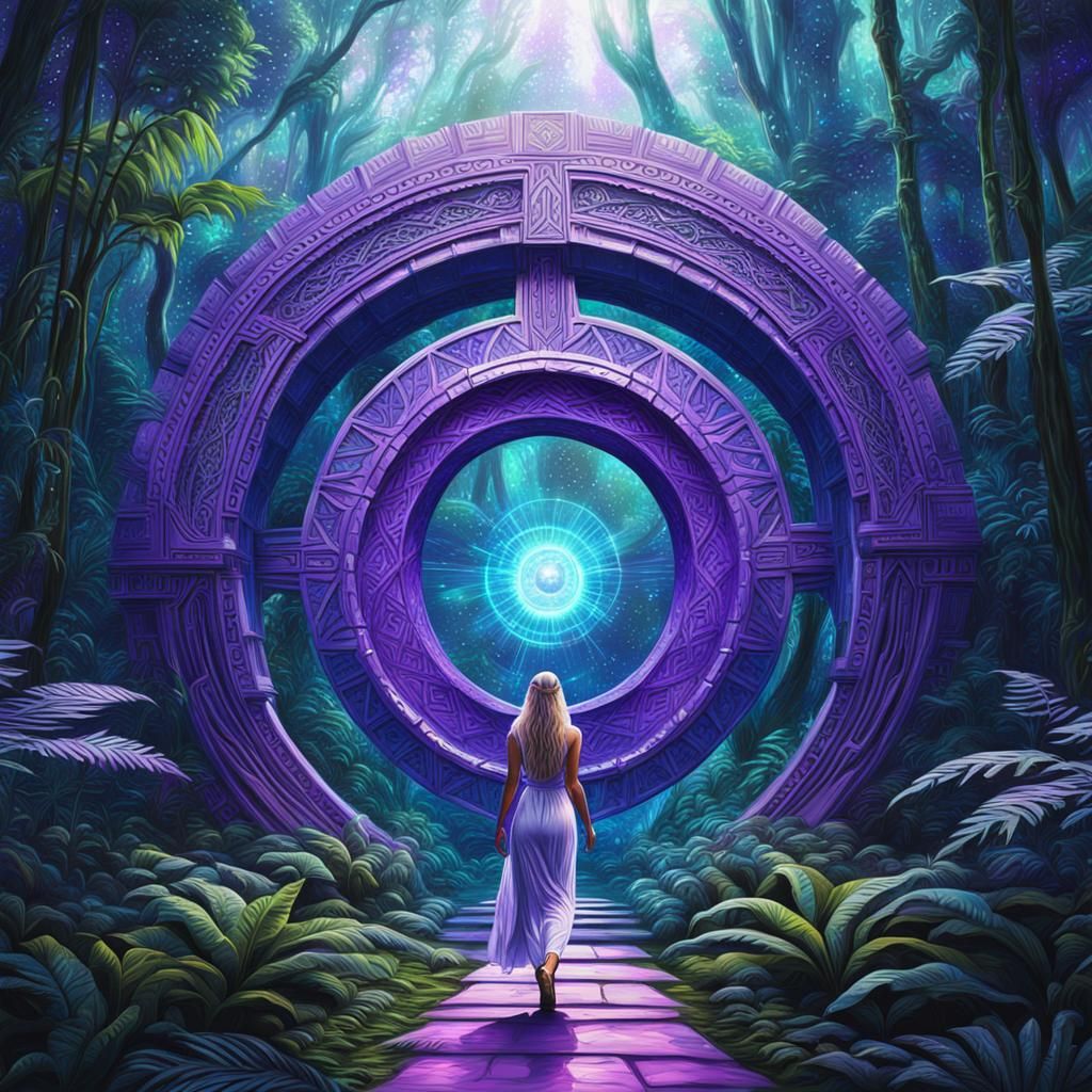 Goddess Walks into Stargate Portal: Cosmic Illustration