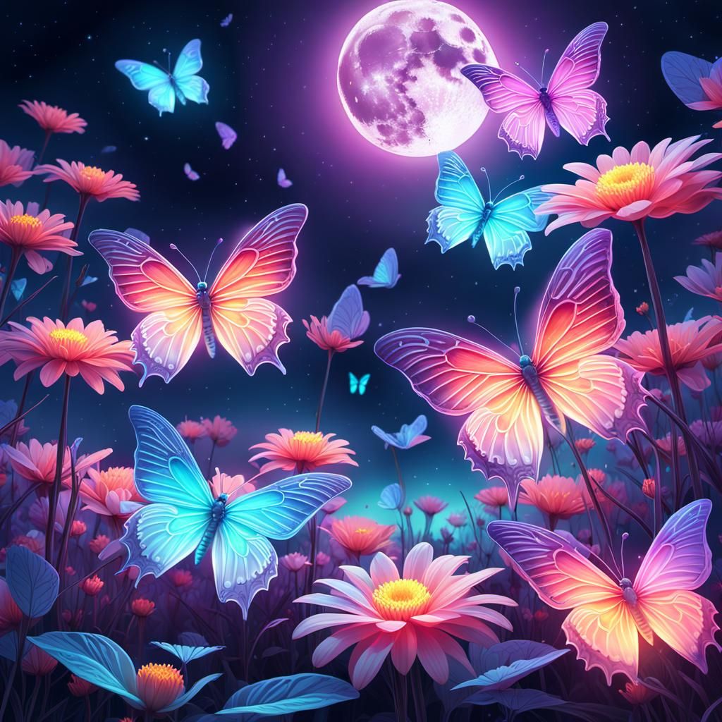 Neon Butterflies and Flowers in Digital Art