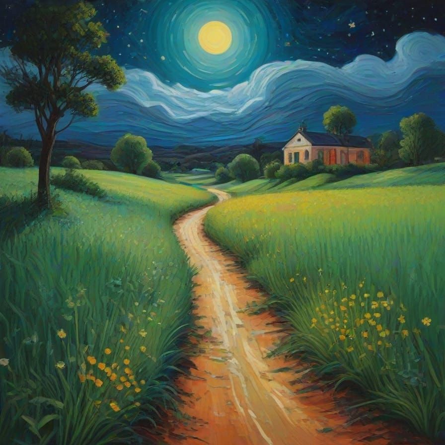 Modern Starry Night Landscape in Textured Impasto