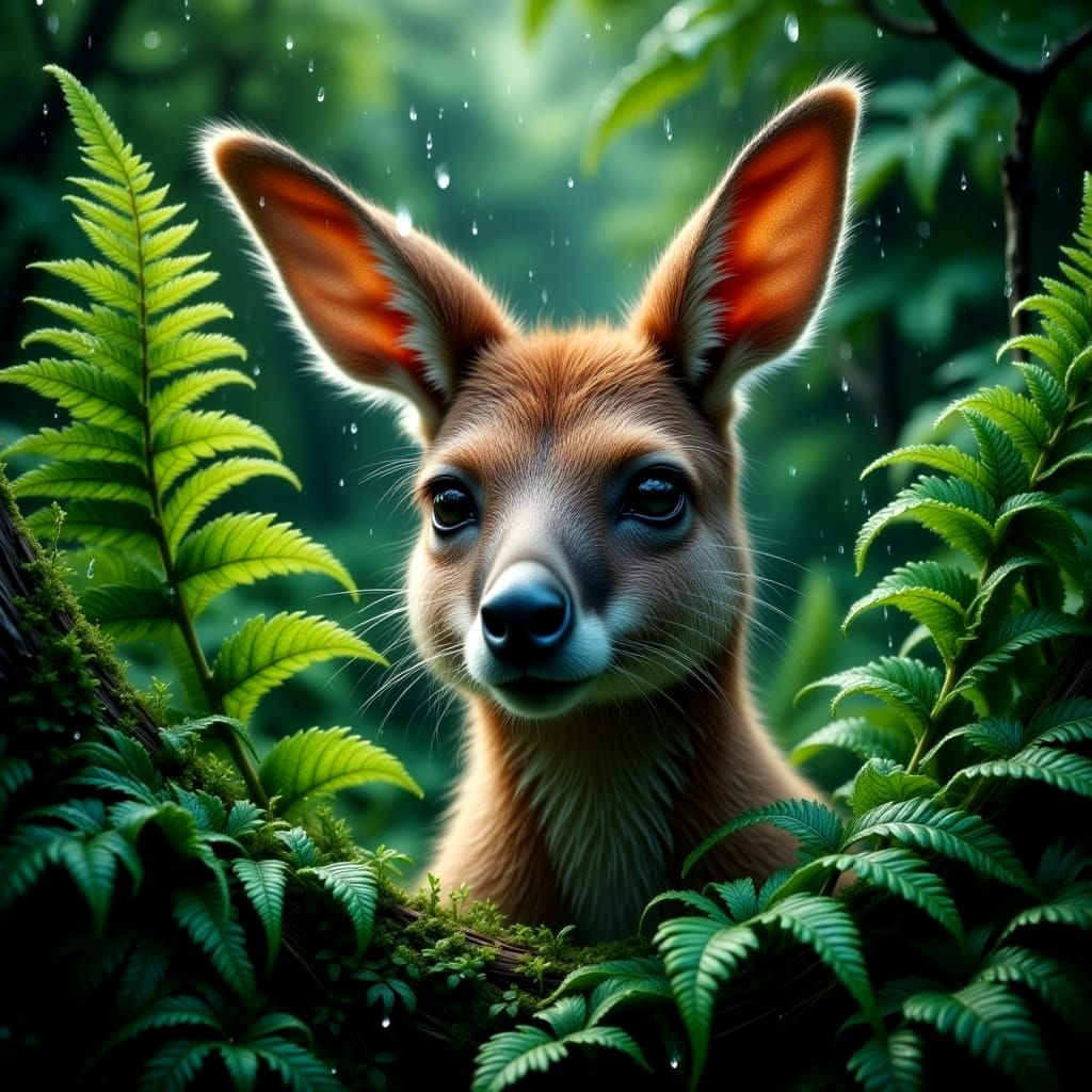 Hyperdetailed Wallaby Portrait with Tree Ferns
