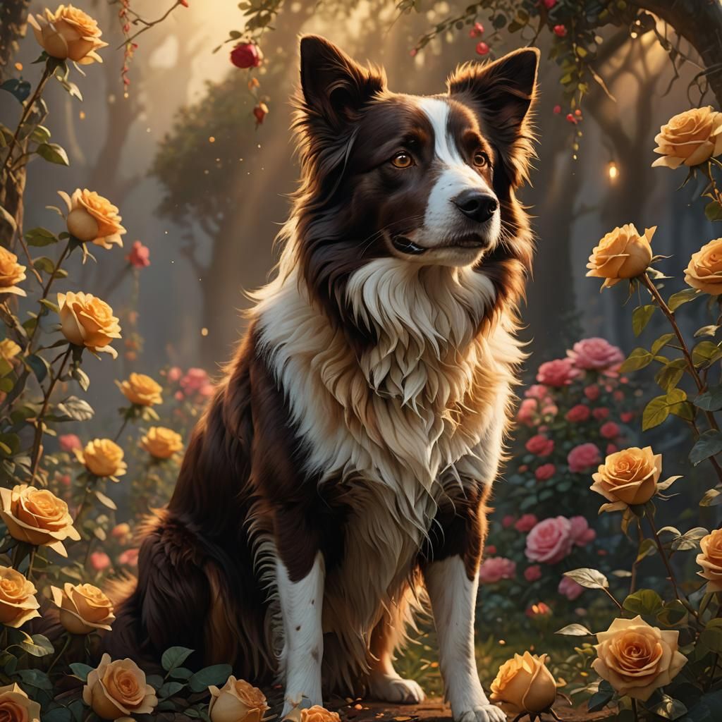 Border Collie Smelling Rose in Golden Light