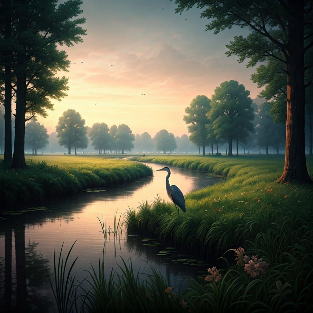 Serene Dutch Landscape with Heron, Sinister Dreamlike Style