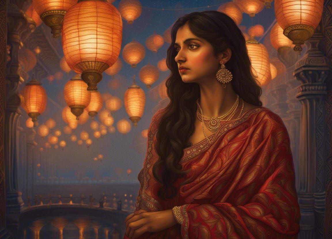 16k resolution, an Indian woman in a zari-embroidered saree,...
