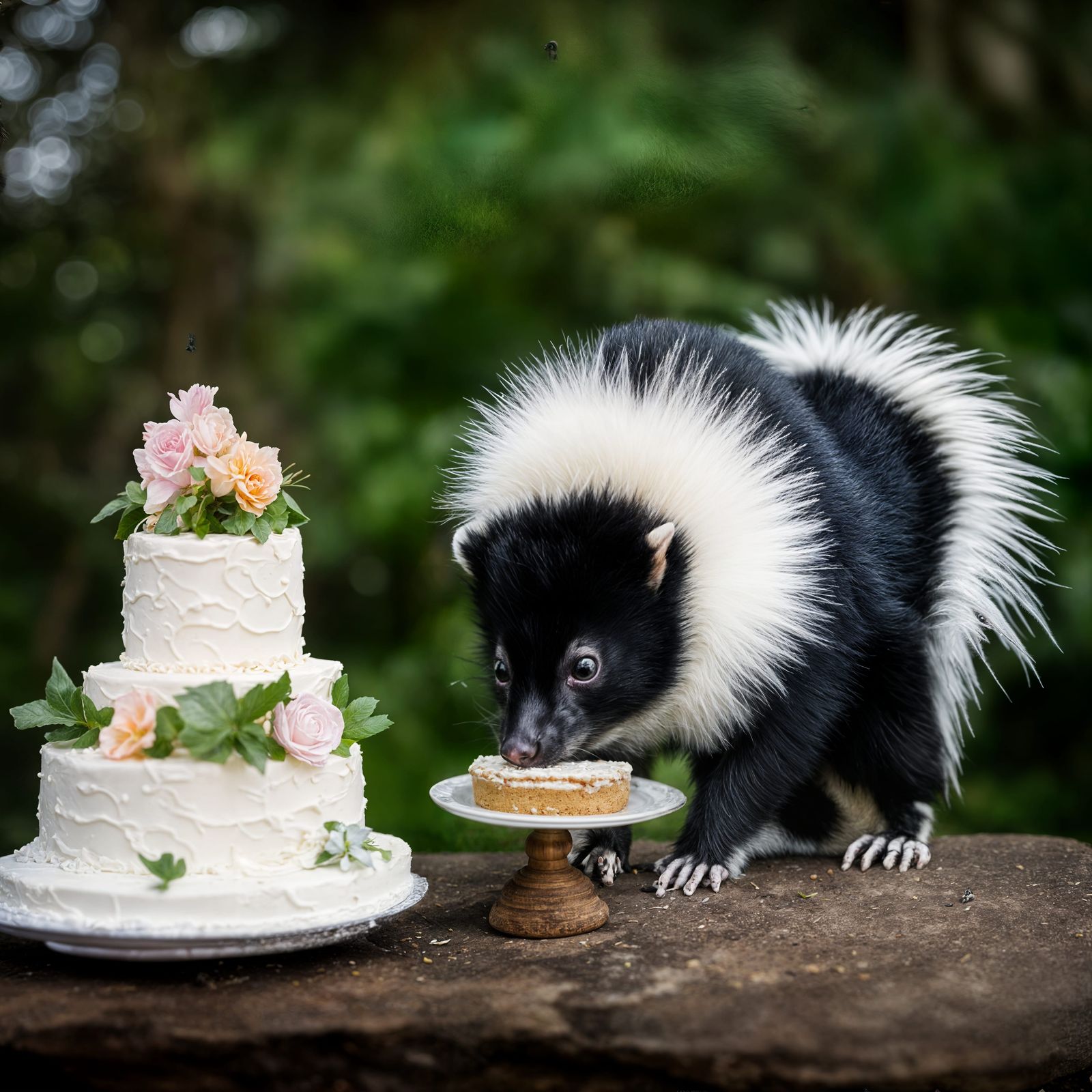 A Skunk eating the wedding cake