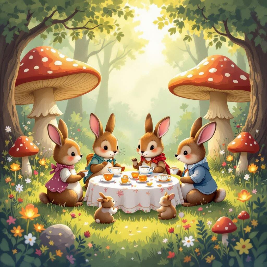 Woodland Creatures Tea Party in Sun-Dappled Clearing