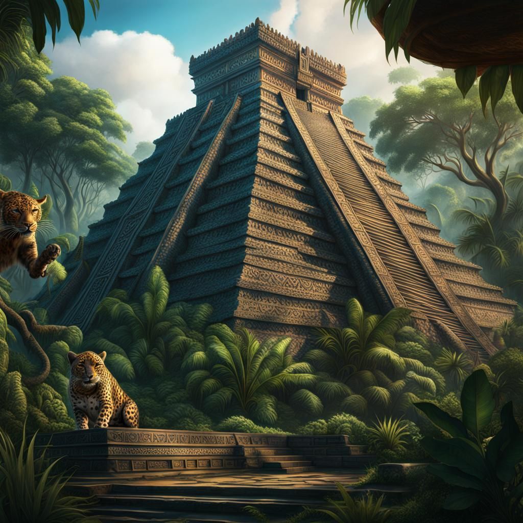 Mayan Temple with Tribal Leopard Tattoo Sleeve