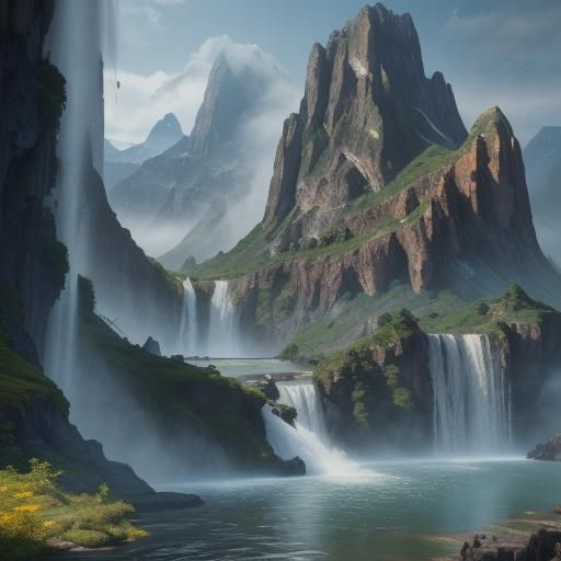Fantastical Waterfall and Mountain Landscape