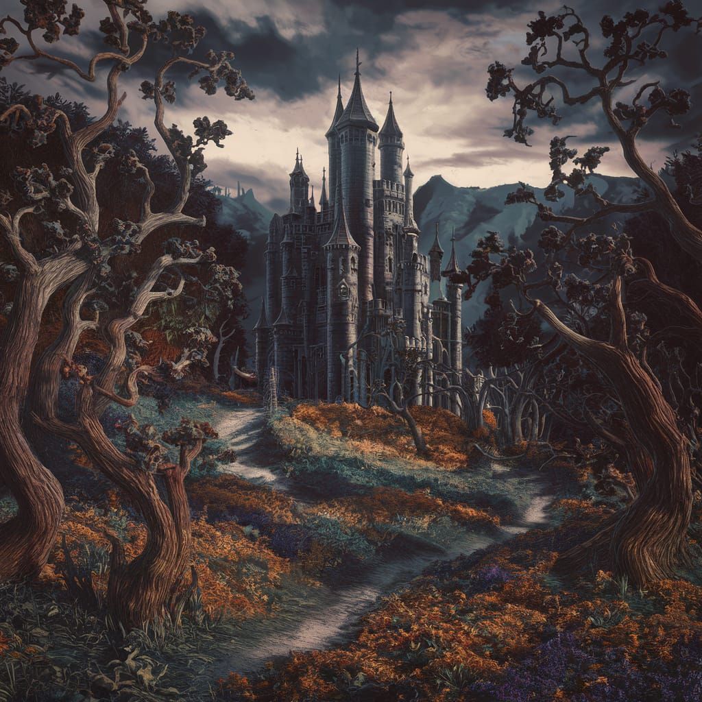 Dark Fantasy Castle Surrounded by Forest, Matte Painting