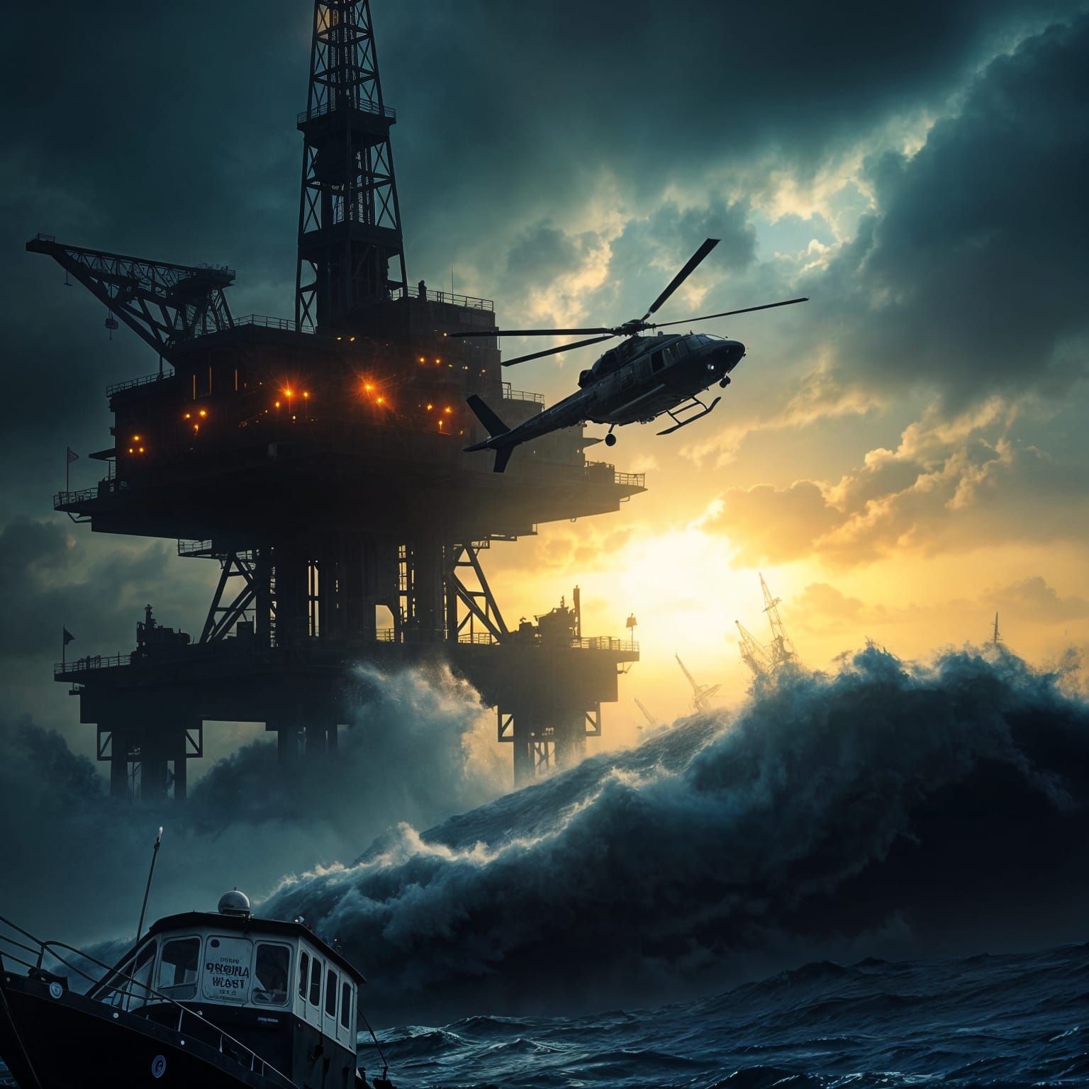 Oil Rig Silhouetted Against Apocalyptic Storm Front in Epic ...