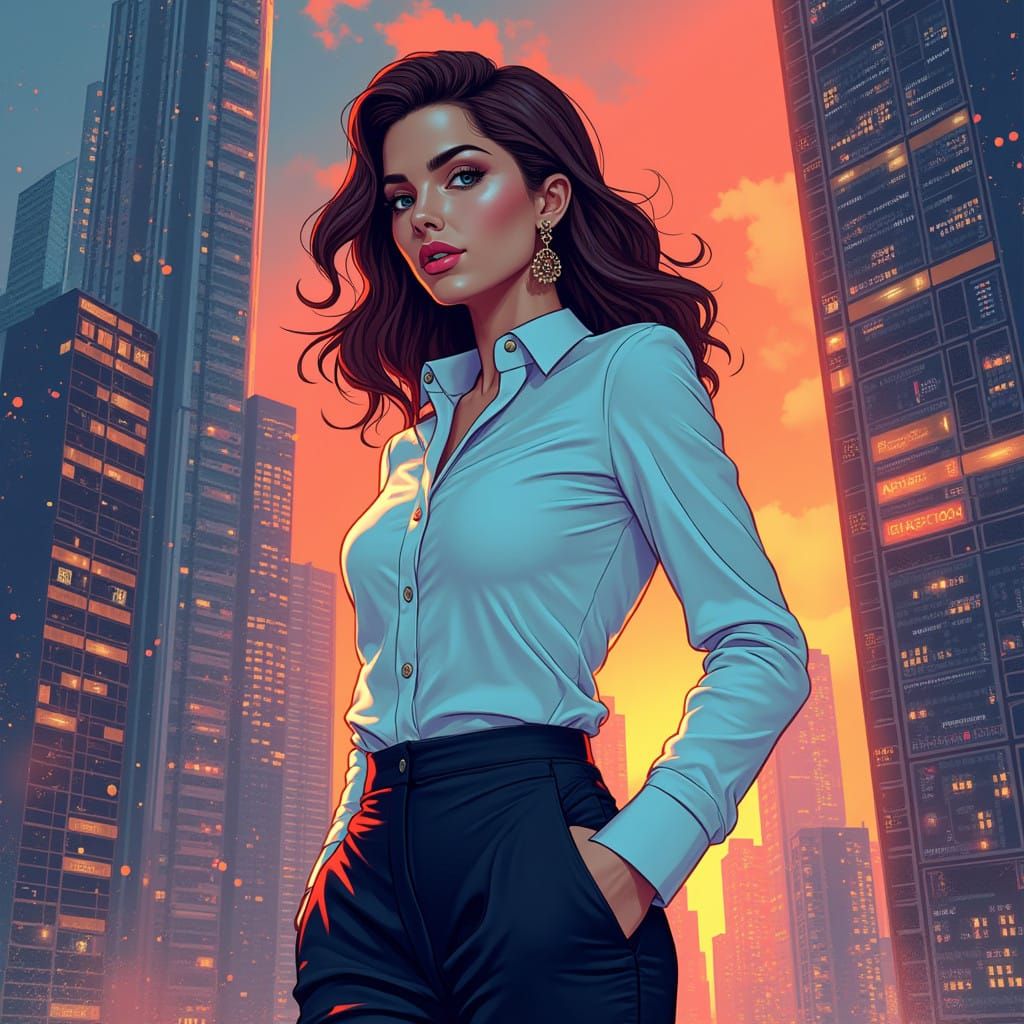 Confident Futuristic Businesswoman in Neon Cityscape