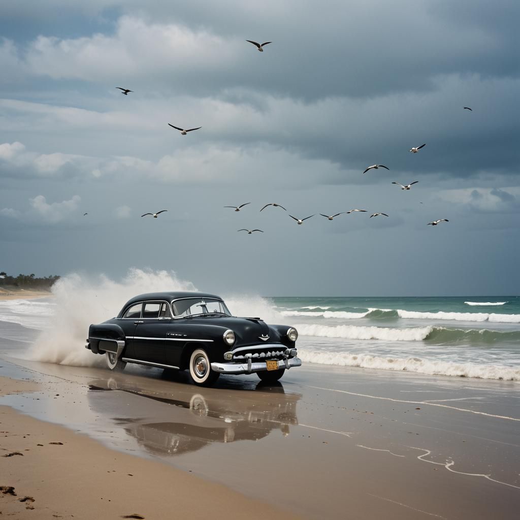 1950s Car Speeds Down Tropical Beach Road