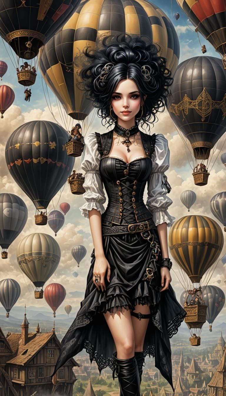 Smiling Goth Girl in Fantasy Hot Air Balloon