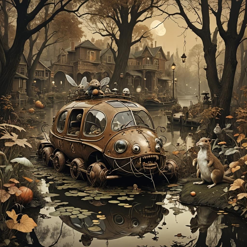 Surreal Cartoon Figures Emerge from Autumn Forest