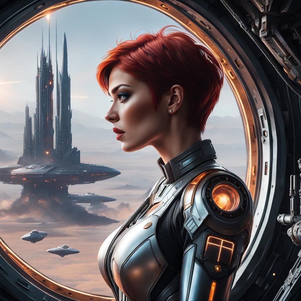 Redhead in Spaceship: Hyperrealistic Sci-Fi Art