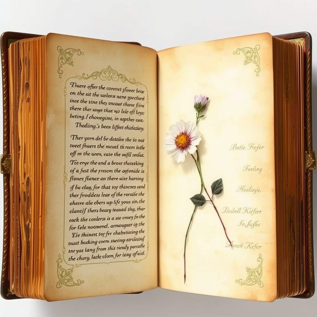 Illuminated Book with Pressed Flower, Mixed Media Style