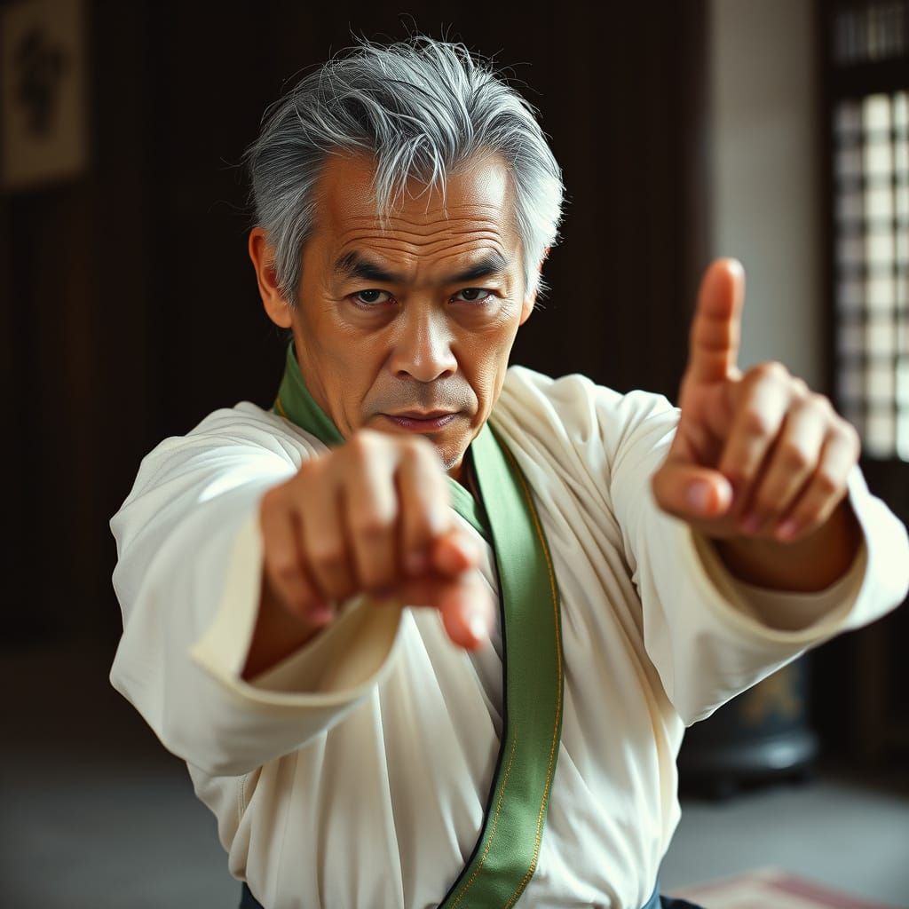 Elderly Asiatic Warrior Master in Traditional Kimono
