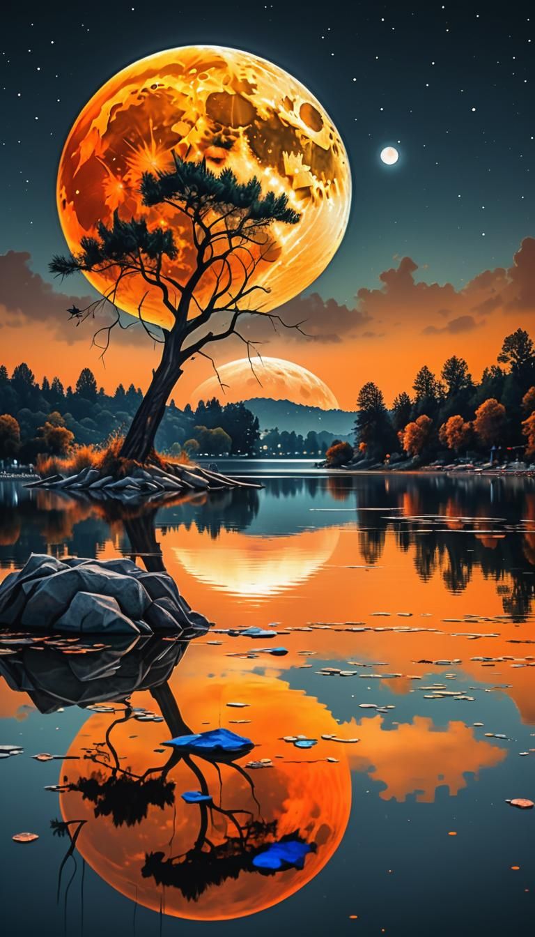 Orange Moon Reflection in Graffiti Art Style