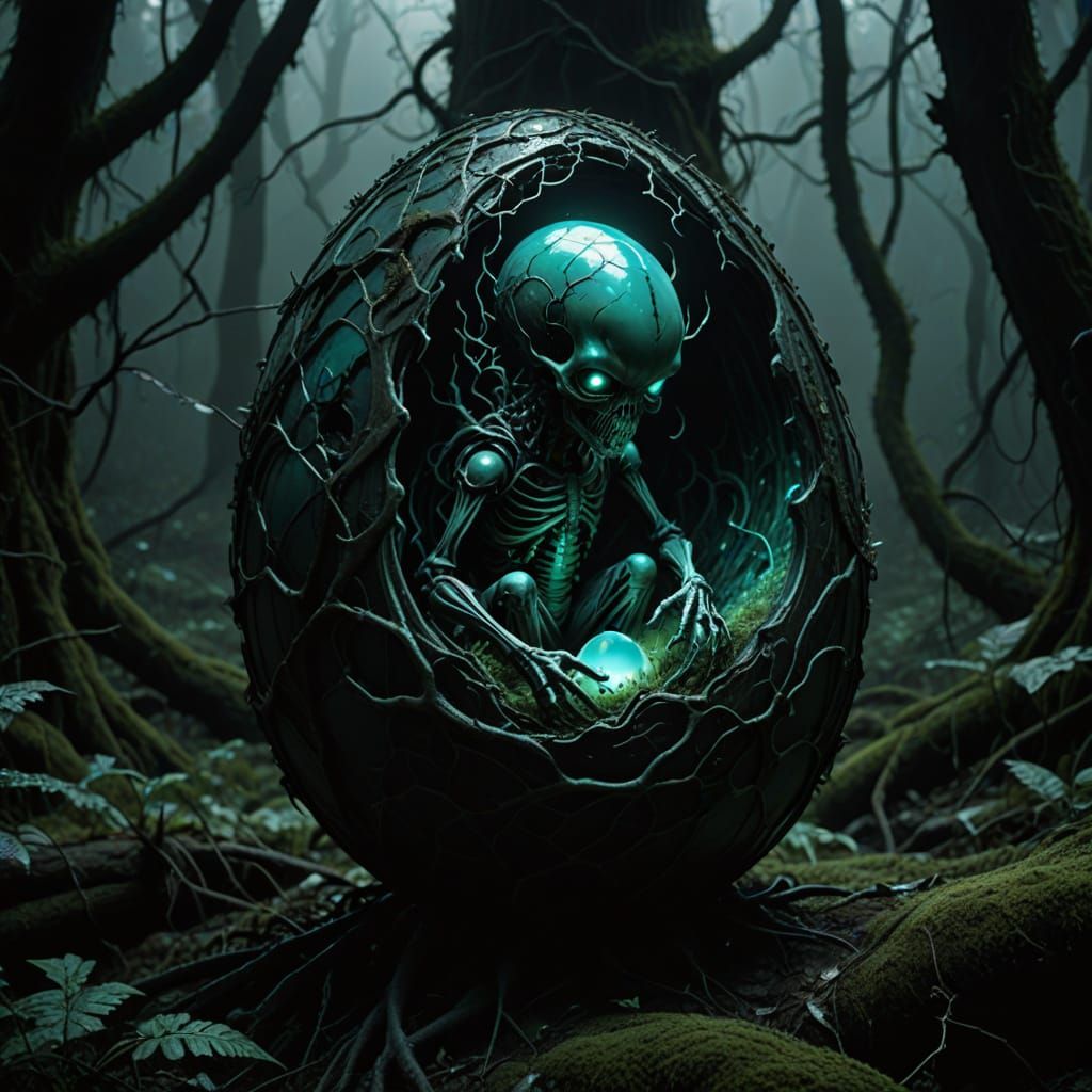 Glowing Fetus in Ancient Egg, Biomechanical Horror Scene