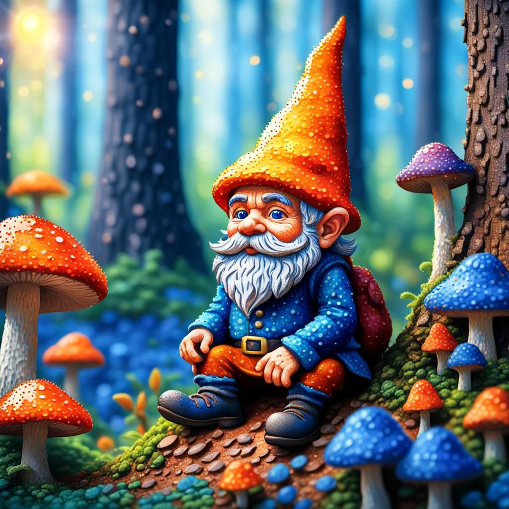 Gnome on Mushroom in Pointillism Style