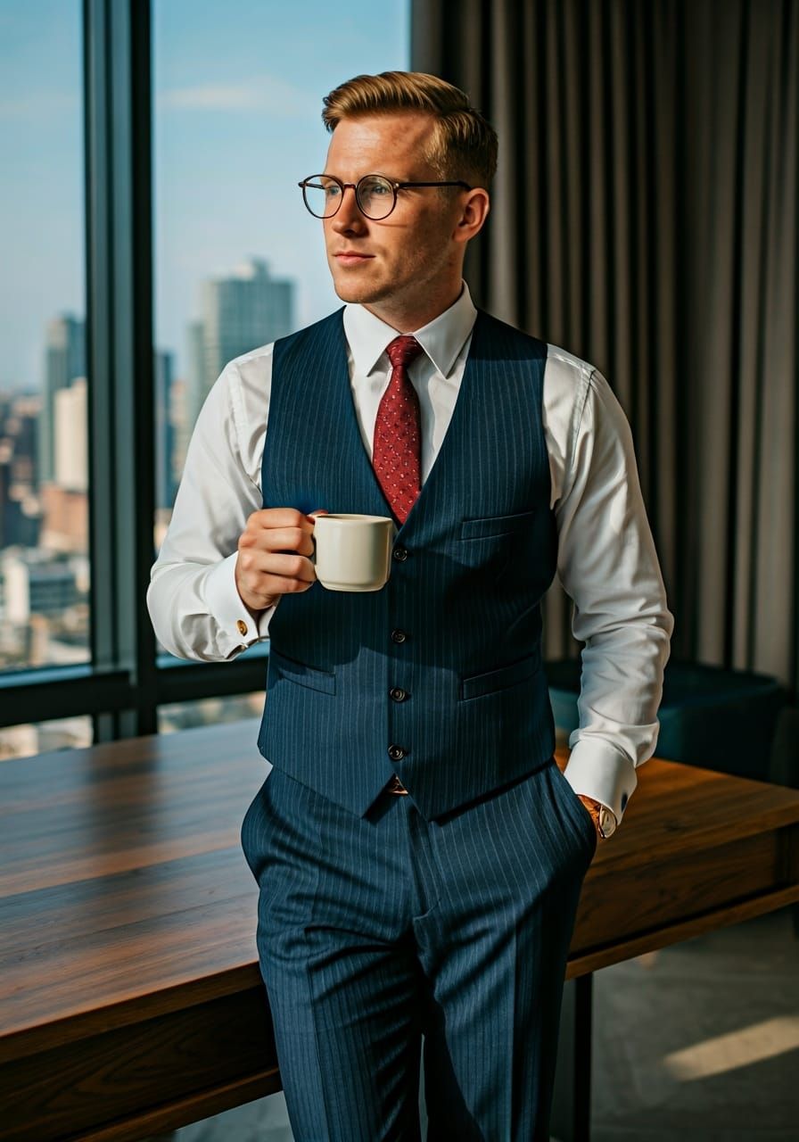 Strawberry-Blond Lawyer Sipping Coffee in Penthouse Office