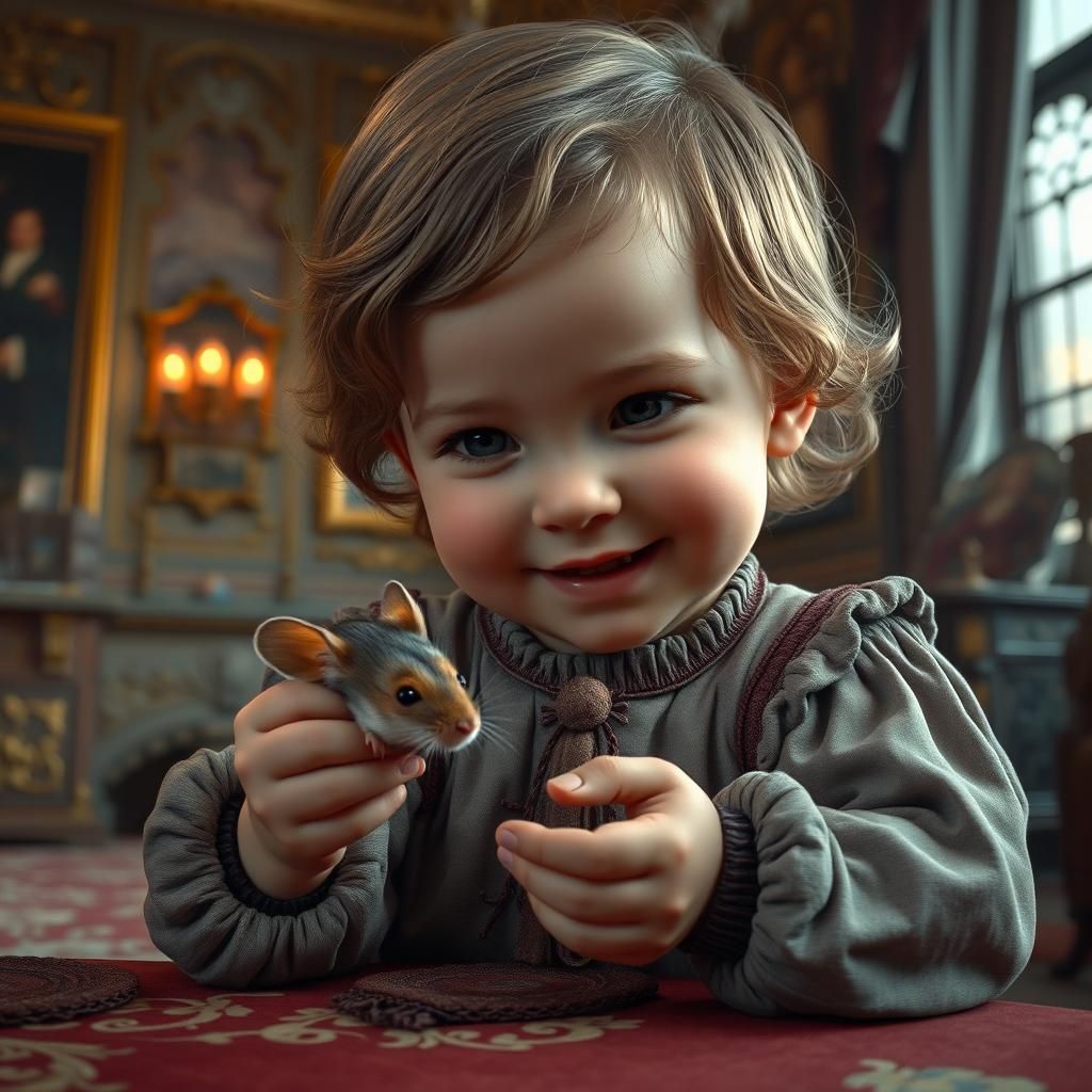 Child and Mouse in Ornate Room: Hyperrealistic Digital Art
