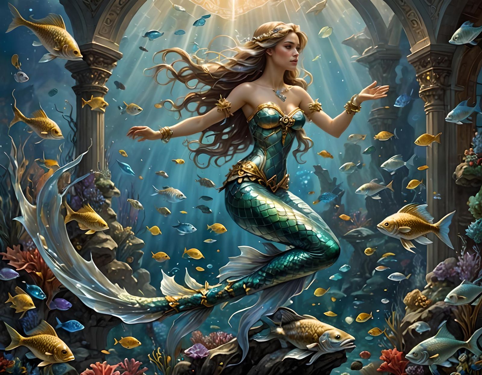 Gorgeous Mermaid with Futuristic Jewelry in Stained Glass