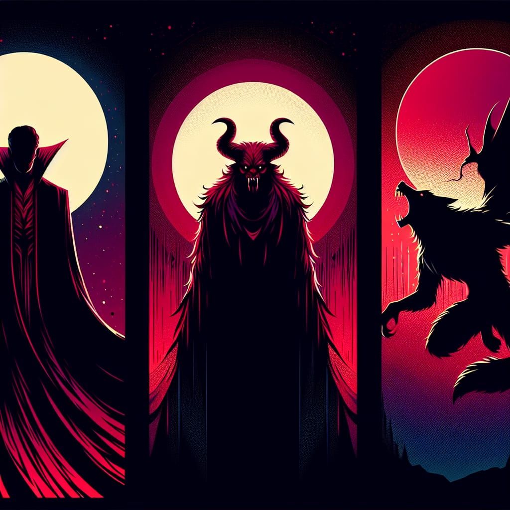 Stylized Silhouettes of Dracula, Frankenstein, and Werewolf