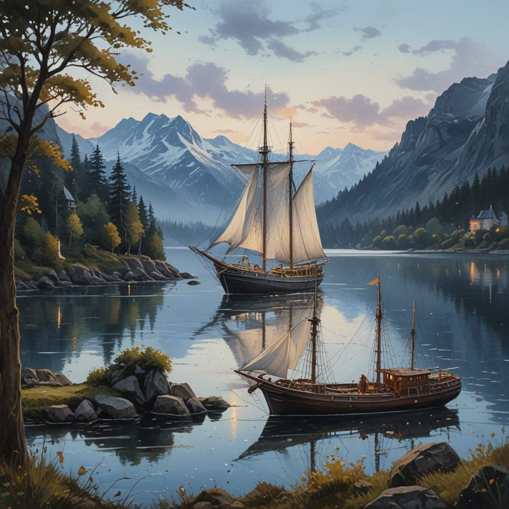 Twilight Sailing Ship Before Moonlit Castle Oil Painting