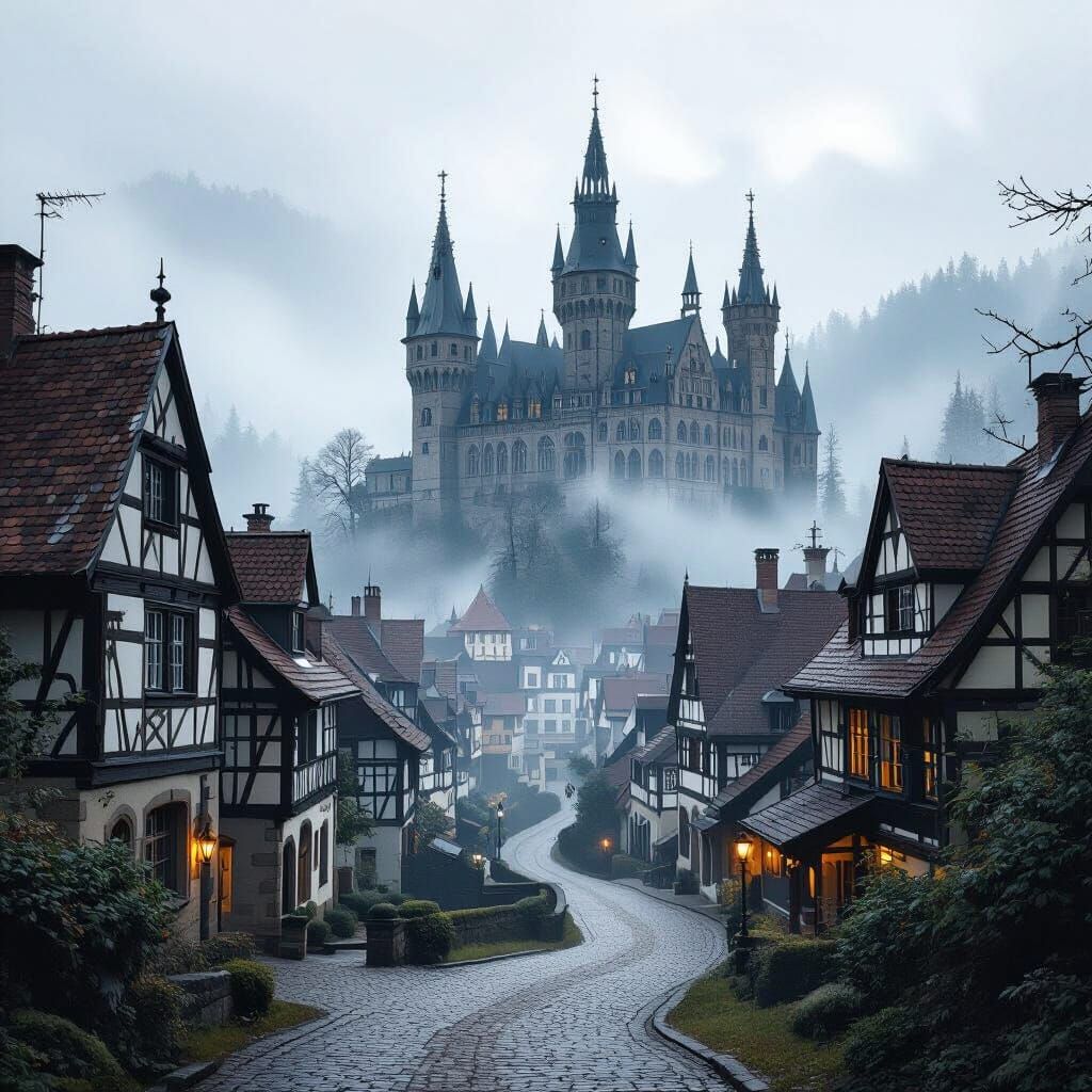Majestic Gothic Castle Overlooking Bustling Town