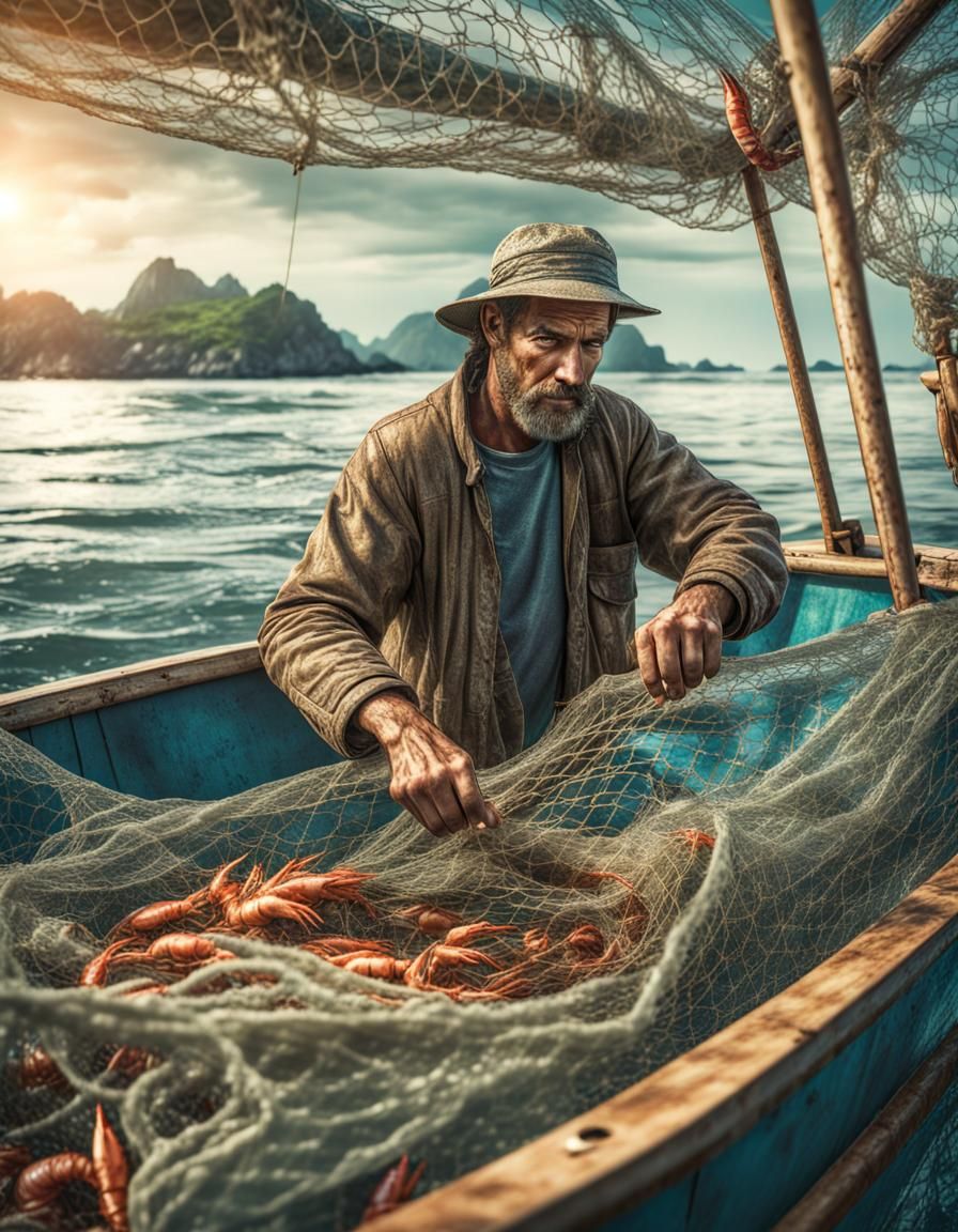 Fisherman Pulling Shrimp Net: Detailed Ocean Scene