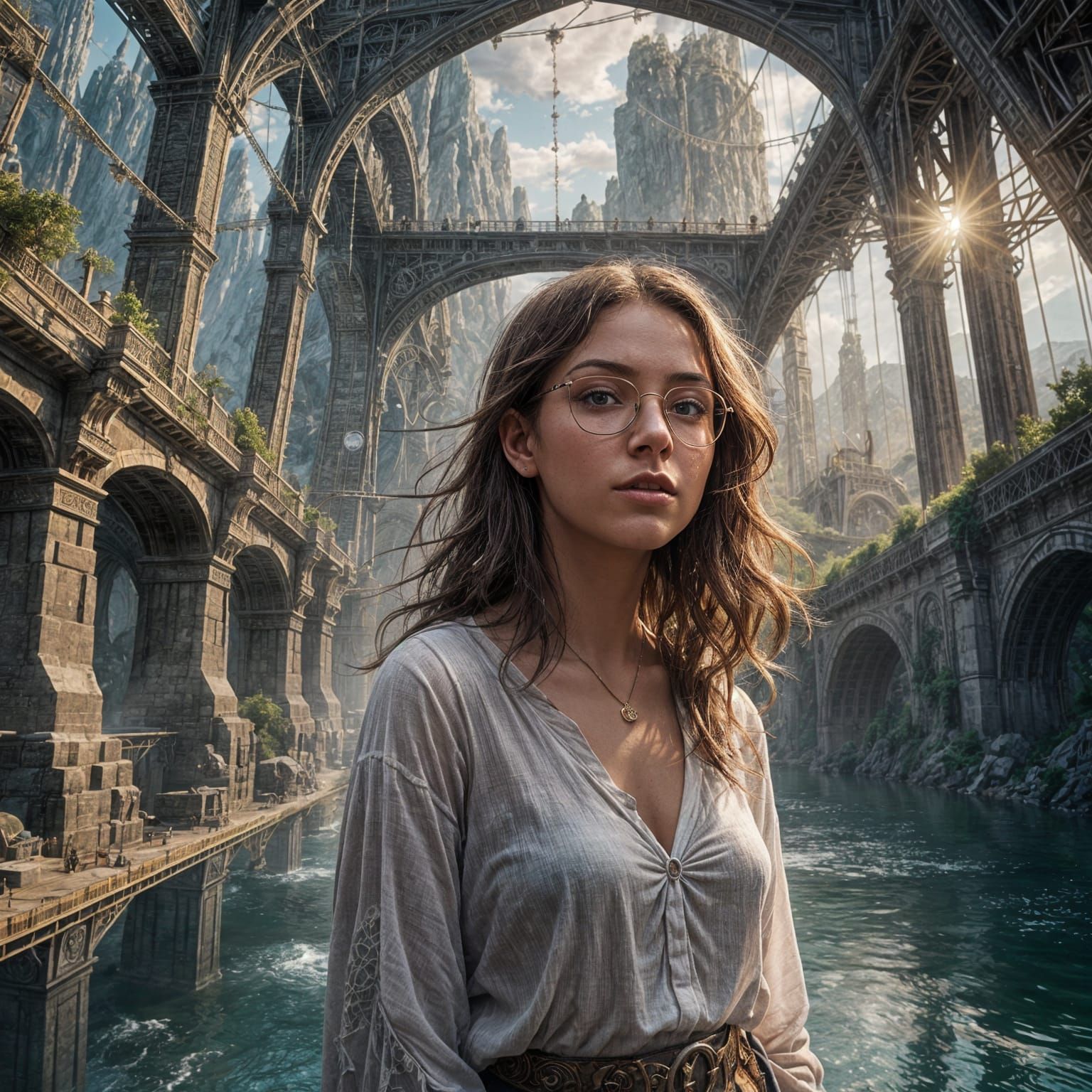 Beautiful Girl on Suspension Bridge, Digital Art