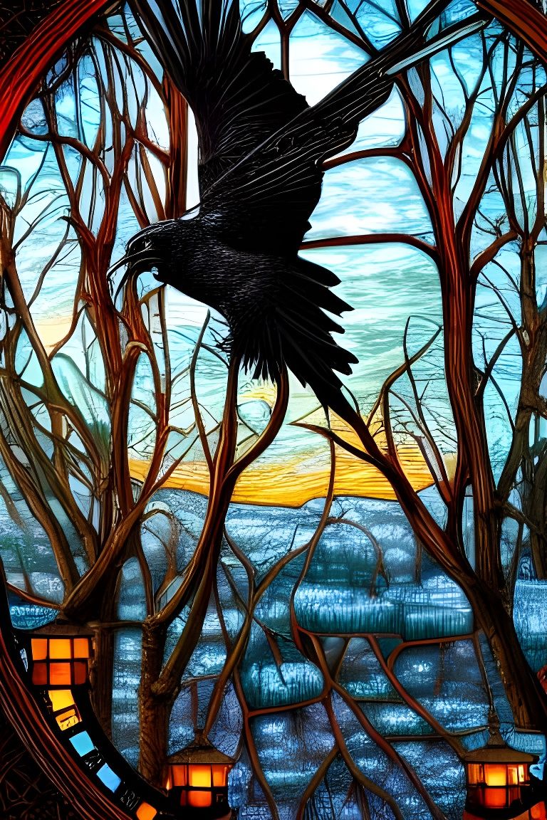 Raven in Stained Glass Steampunk World