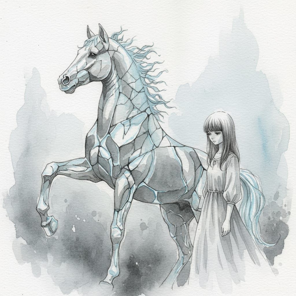 Broken Glass Horse and Girl in Ethereal Watercolor Style