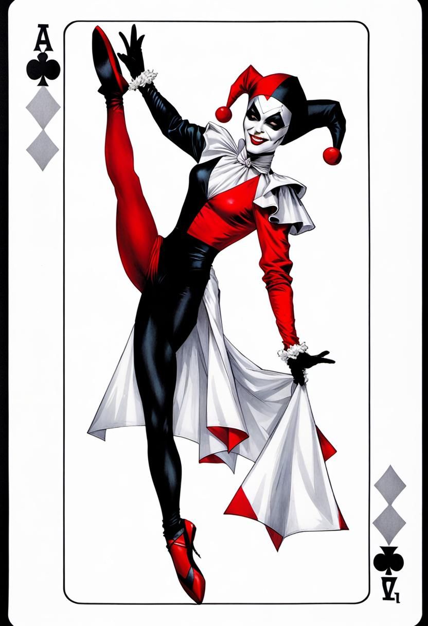 Harlequin reimagined as a playing card.