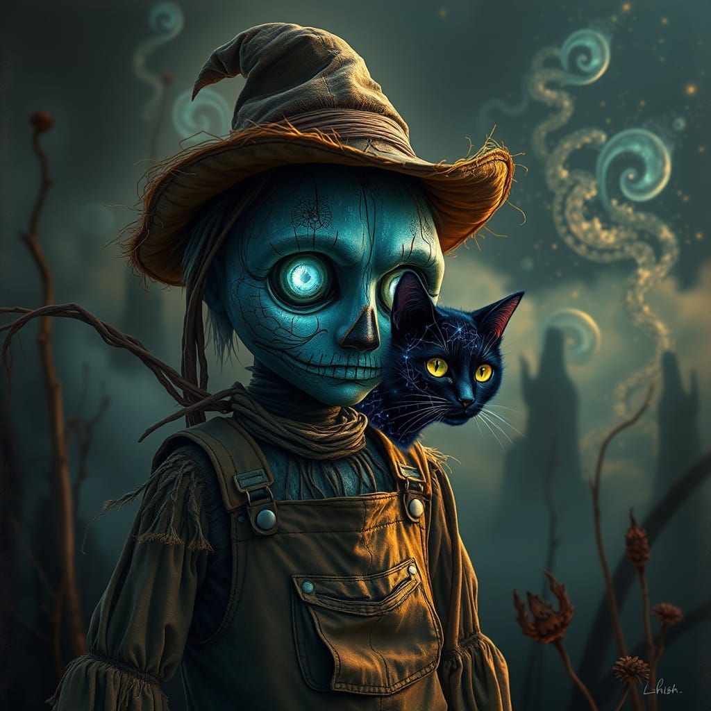 Eerie Scarecrow with Glowing Skin in Foggy Landscape