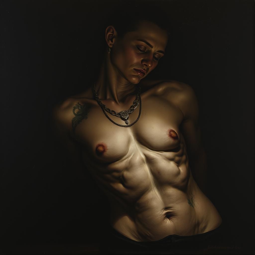 Dramatic Chiaroscuro Painting with Anatomical Detail