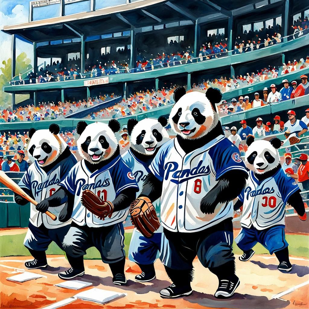Pandas Play Baseball in Gouache Watercolor Style