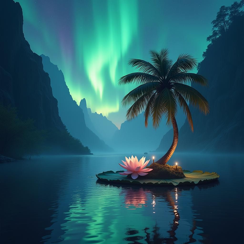 Majestic Palm Tree Floating on Water Lily