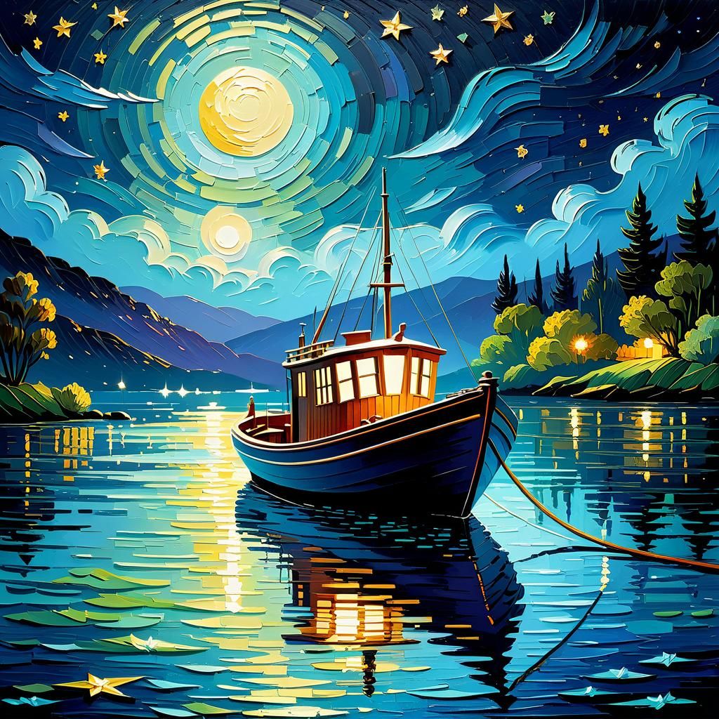 Vintage Boat on Moonlit Water as Impasto Painting