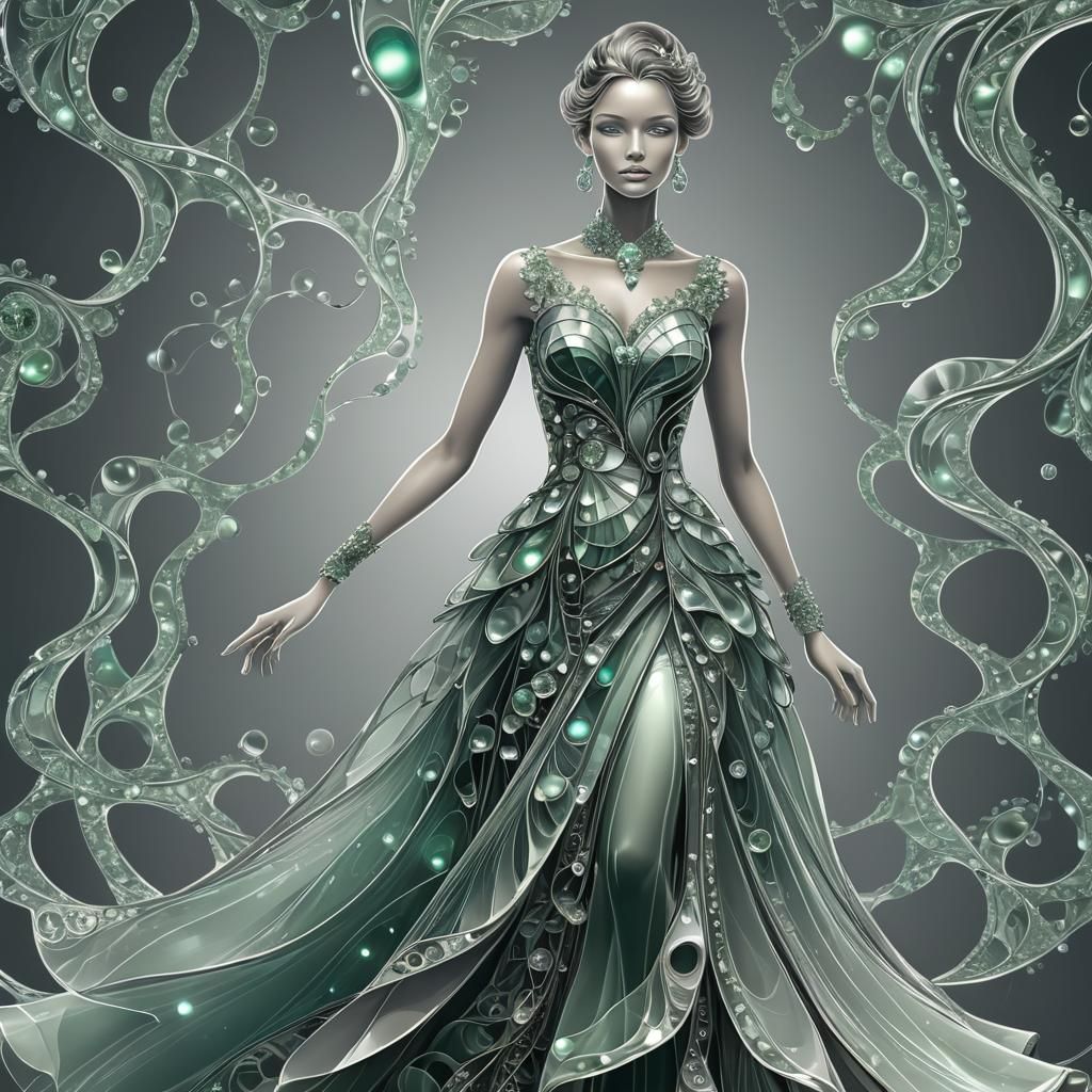 Glass Dress with Transparent Jewelry in Abstract Style