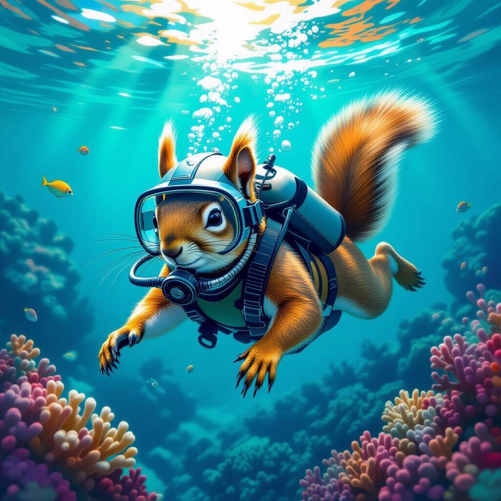 Dreamlike Underwater Squirrel in Diving Helmet