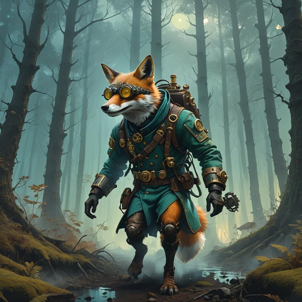 Steampunk Fox in Foggy Forest, Fantasy Artwork