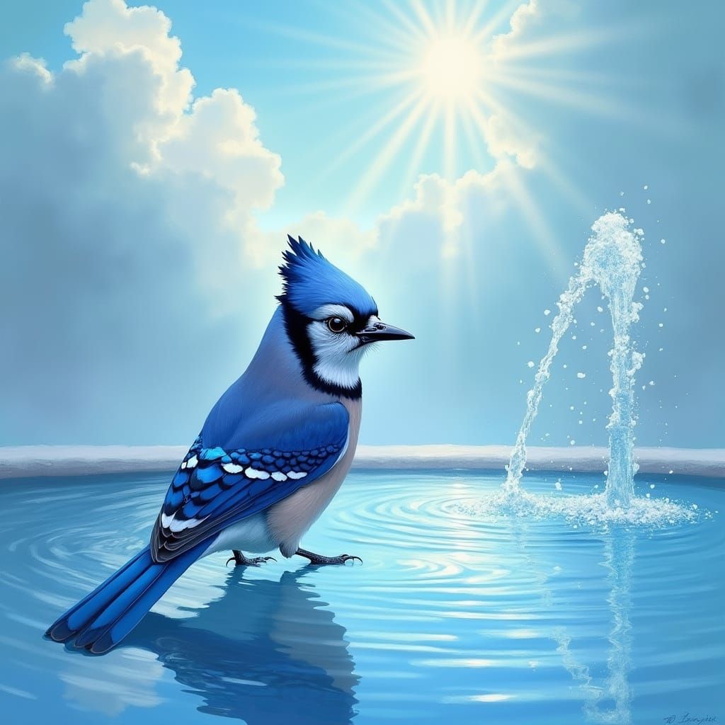 Blue Jay at Crystal Fountain: Impressionist Style