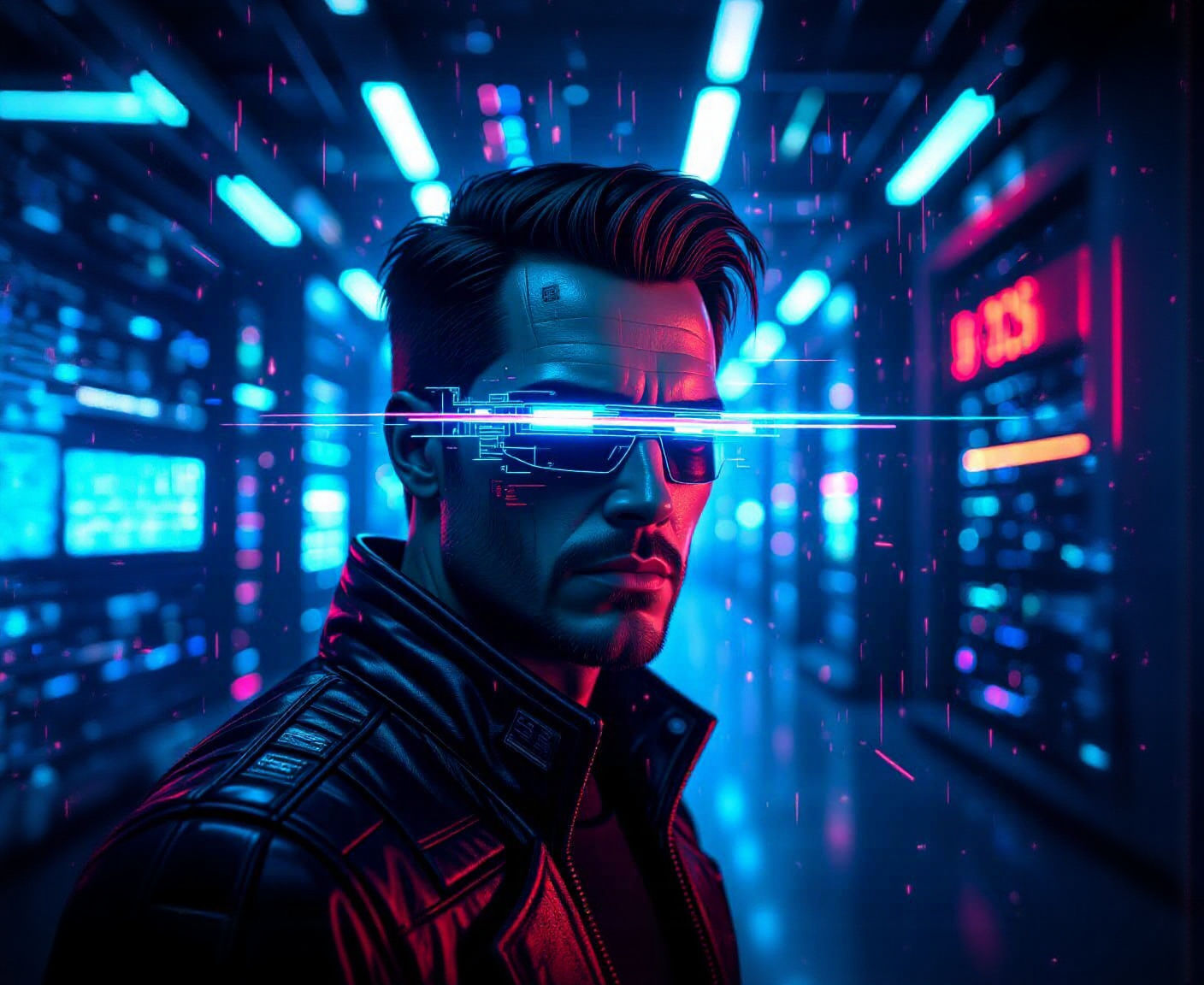 Glitch Face on Viewscreen with Cyberpunk Computer Banks