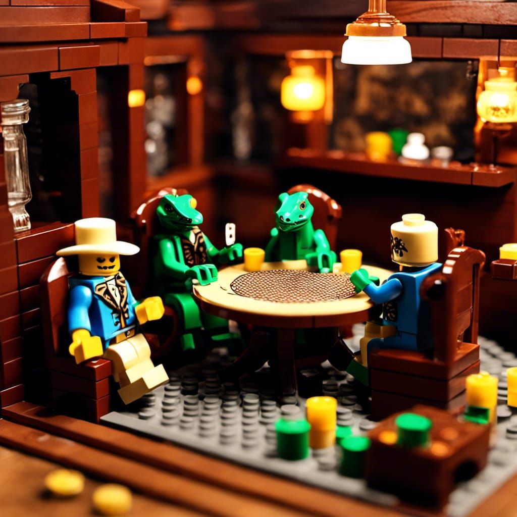Lizardfolk Poker Night in Old West Lego Diorama