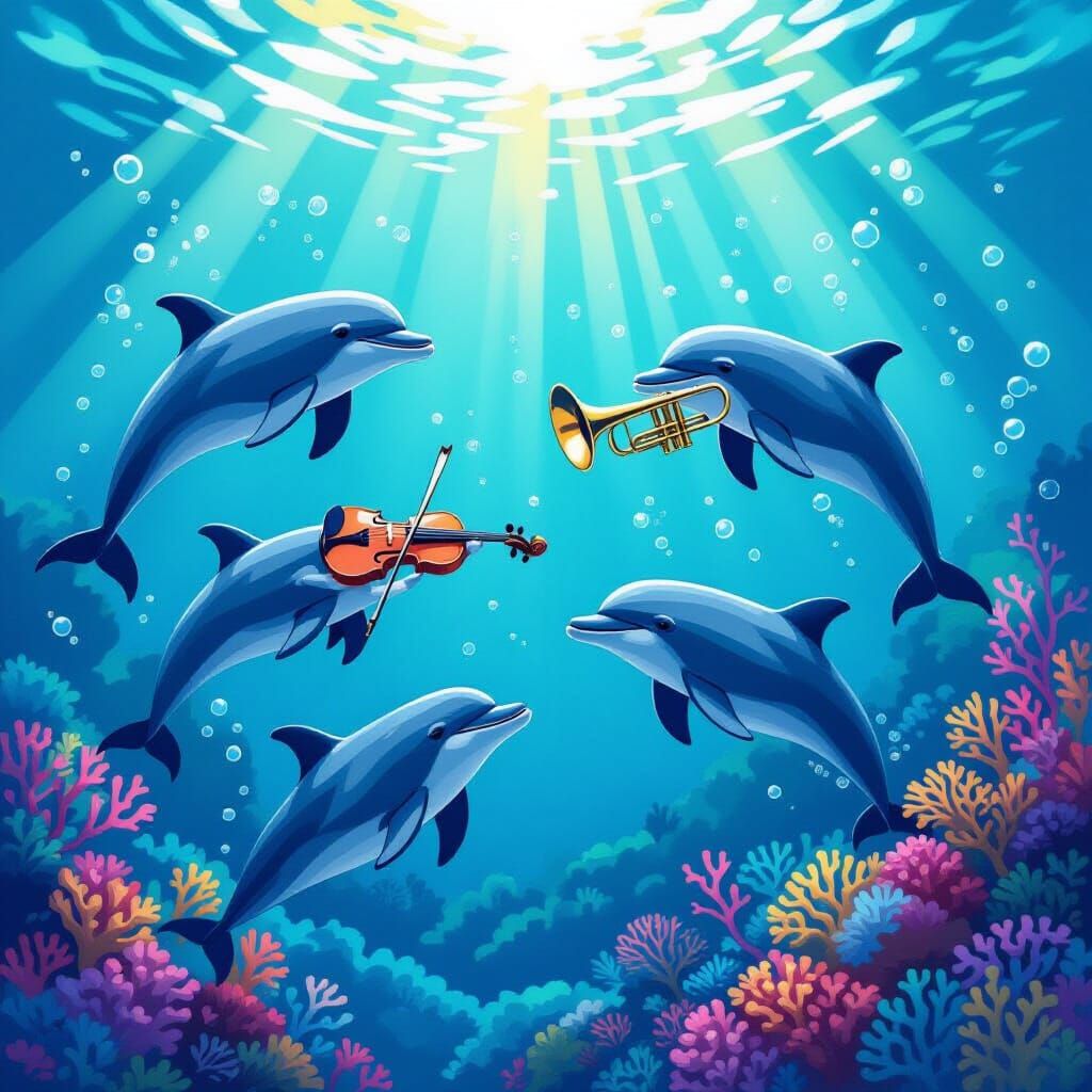 Dolphins Playing Music Underwater in Illustrative Style