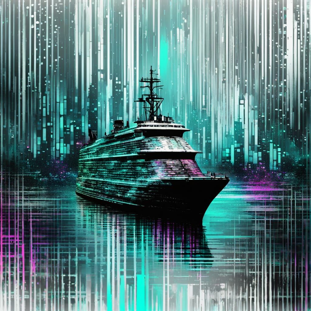 Neon Matrix Cyberpunk Ship on Glitched Ocean